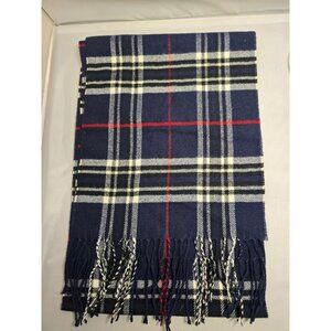 Classic Navy Blue Plaid Tartan Scarf w Fringe wool blend no tag warm ski winter